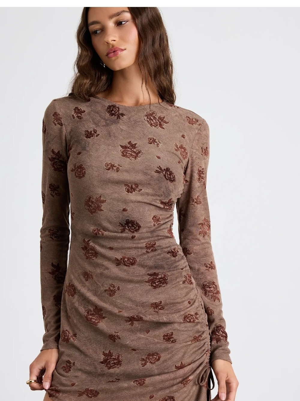 NWT Lulus Laudie Light Brown Rose Print Ruched Mini Dress